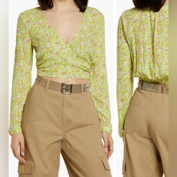 BP SURPLICE V-NECK CROP TOP COLOR GREEN HANNAH KATE SMALL STYLE BP453132MI NEW - Picture 1 of 6